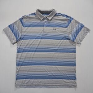 Under Armour Heatgear Polo Shirt Mens 2XL Blue Gray Stripe Loose Fit Golf Sport